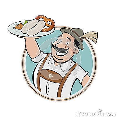 Funny cartoon logo of bavarian man serving traditional bavarian white sausage Vector Illustration