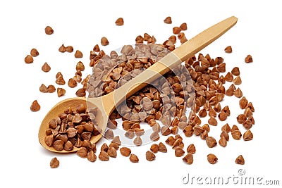 Einkorn wheat in wooden spoon isolated on white Stock Photo