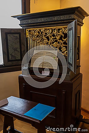 Eisenach, Germany - May 28, 2019: Musical intruments in the house where the famous composer and musician J.S. Bach was born in Editorial Stock Photo
