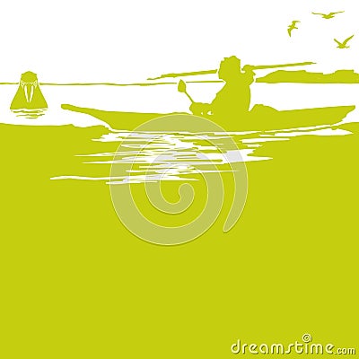 Eskimo with a kayak and walrus in the Arctic Ocean Vector Illustration