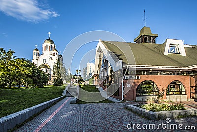 Ekaterinburg . Chamber theatre street of the proletarian overlooking the Temple-on-blood Editorial Stock Photo