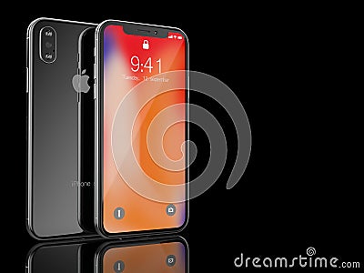 Ekaterinburg, Russia - 14 september: 3D Render of a black iPhone X with Apple Inc logo Illustrative Editorial Image, on Editorial Stock Photo