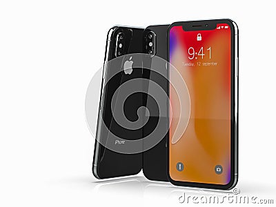 Ekaterinburg, Russia - 20 september: 3D Render of a black iPhone X Illustrative Editorial Image, on a white background. Editorial Stock Photo