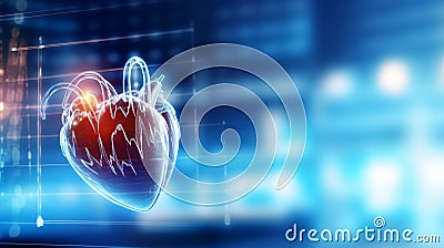 EKG heart signal on blue hospital blurred space. AI Generative Stock Photo