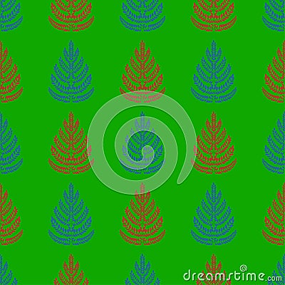 Winter trees on a green background, vector seamless pattern.New year`s story for wrapping, fabric, background, pattern. Vector Illustration