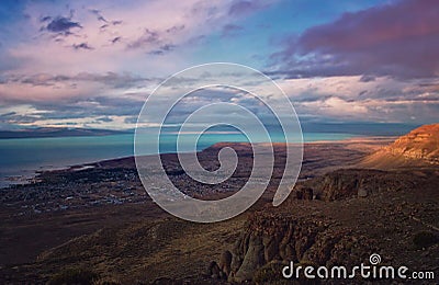 El Calafate top view. Evening sunset nature landscape magic dreamy cloud on the sky in Patagonia Stock Photo