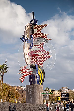 El Cap de Barcelona is a surrealist sculpture by American Pop artist Roy Lichtenstein, Barcelona, Spain Editorial Stock Photo