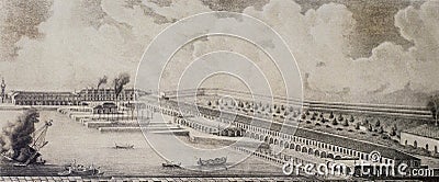 El Ferrol arsenal an ditchs overview, 1850 Editorial Stock Photo