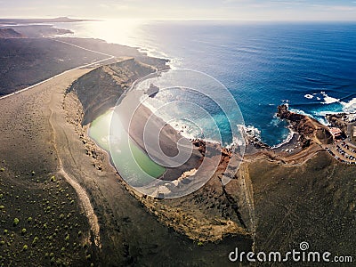 El Golfo green volcanic lake and ocean from above, Lanzarote, Canaries Stock Photo