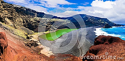 El Golfo with unique Lago Verde and black sands beach. Lanzarote, Canary islands Stock Photo