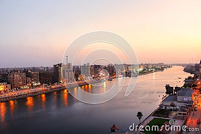 El Mansoura / Egypt - 19 Jun 2012 - Landscape panoramic view of river Nile in mansourah city - Panorama - Dakahlia Governorate or Editorial Stock Photo