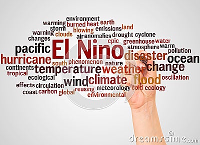 El Nino word cloud and hand with marker concept Stock Photo