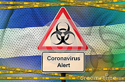 El Salvador flag and Covid-19 biohazard symbol with quarantine orange tape. Coronavirus or 2019-nCov virus concept Stock Photo