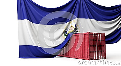 El Salvador flag draped over a commercial shipping container. 3D Rendering Stock Photo