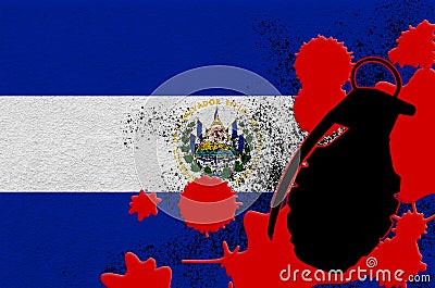 El Salvador flag and MK2 frag grenade in red blood. Concept for terror attack or military operations with lethal outcome Stock Photo