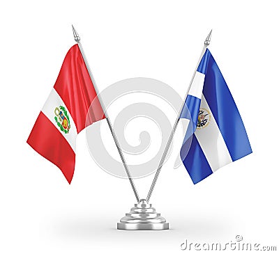 El Salvador and Peru table flags isolated on white 3D rendering Stock Photo