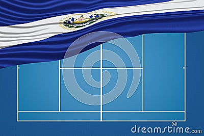 El Salvador Wavy Flag Tennis Court Stock Photo