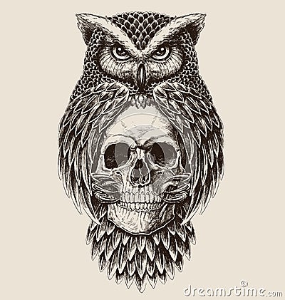 Elaborate drawing of Owl holding skull Vector Illustration