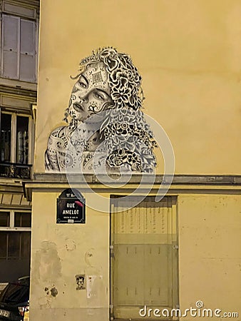 Elaborate wall art portrait of a woman on a wall on rue Amelot, Paris, France Editorial Stock Photo