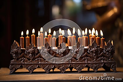 elaborately carved wooden kinara holding seven candles Stock Photo