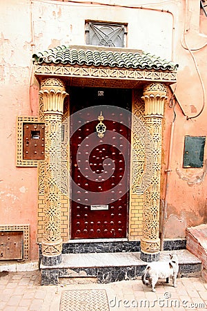 Elaborately decorated wooden front door Editorial Stock Photo