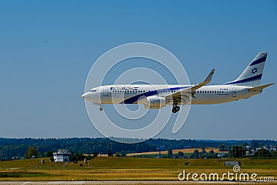 Elal Israel airlines airplane preparing for landing at day time in international airport Editorial Stock Photo