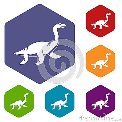 Elasmosaurine dinosaur icons set hexagon Vector Illustration