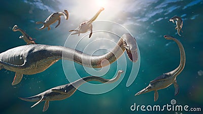 Elasmosaurus, group of long-necked plesiosaurs from the Late Cretaceous period, 3d science illustration Stock Photo