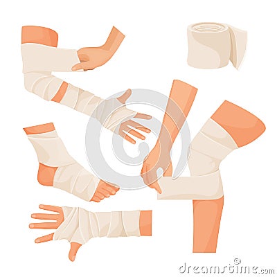 Elastic bandage on injured human body parts set Vector Illustration