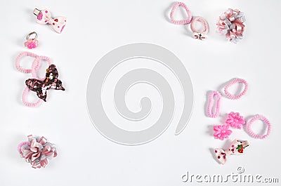 Elastics and hairpins for a little fashionista in pink colors Stock Photo