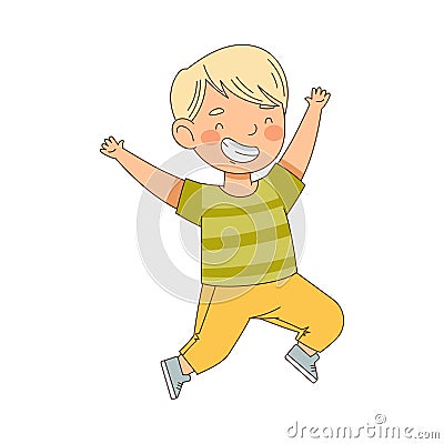 Elated Blond Boy Jumping with Joy Expressing Excitement and Happiness Vector Illustration Vector Illustration