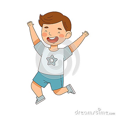 Elated Boy in Shorts Jumping with Joy Expressing Excitement and Happiness Vector Illustration Vector Illustration