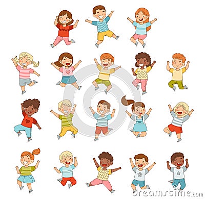 Elated Children Jumping with Joy Expressing Excitement and Happiness Big Vector Set Vector Illustration