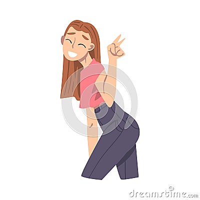 Elated Female Showing V Sign with Her Hand as Approval or Agreement Gesture Vector Illustration Vector Illustration