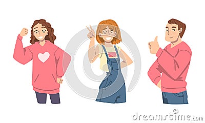 Elated Male and Female Showing V Sign and Thumb Up as Approval or Agreement Gesture Vector Set Vector Illustration