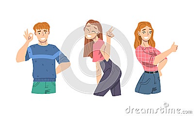 Elated Male and Female Showing V Sign and Thumb Up as Approval or Agreement Gesture Vector Set Vector Illustration