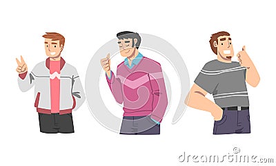 Elated Male Showing V Sign and Thumb Up as Approval or Agreement Gesture Vector Set Vector Illustration