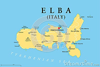 Elba, Italy, political map, Site of the first exile of Napoleon Vector Illustration