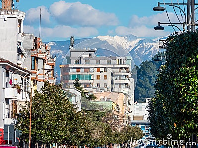 Elbasan modern house buildings with the mountains in the background Stock Photo