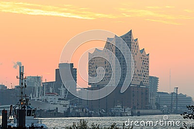 Elbe Philharmonic Hall Elbphilharmonie and River Elbe panorama in autumn at morning with sunrise, Hamburg, Germany Editorial Stock Photo