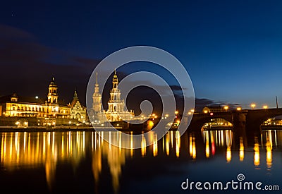 Elbe river with Catholic Church, Dresden, Germany Stock Photo