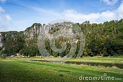 Elbe sandstone mountains at Rathen near Bastei Bridge (Basteibrucke) - Saxony, Germany Stock Photo