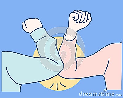 Elbow bump new normal greeting to avoid the spread of Coronavirus instead of greeting with hug or handshake. Hand drawn in thin li Vector Illustration