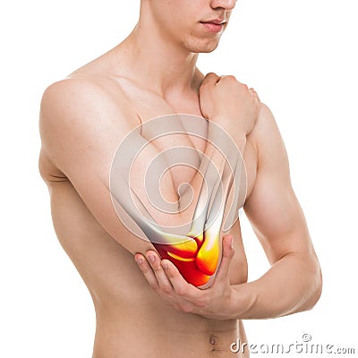 Elbow Pain in Injured Arm isolated on white - Anatomy Male Stock Photo