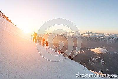 Elbrus, a group of climbers at dawn at an altitude of 5200m Stock Photo