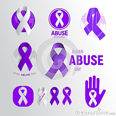 Elder abuse awareness day icon set, purple ribbon collection, domestic violence campaign symbol, elderly problem emblem Vector Illustration