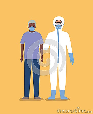 Elder man with mask and doctor with protective suit against Covid 19 vector design Vector Illustration