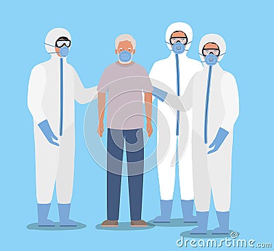 Elder man with mask and doctors with protective suits against Covid 19 vector design Vector Illustration