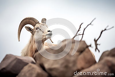 elder mountain goat with impressive horns on a boulder Stock Photo