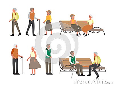 Elder person walk outside set. Old people sitting on the bench Vector Illustration